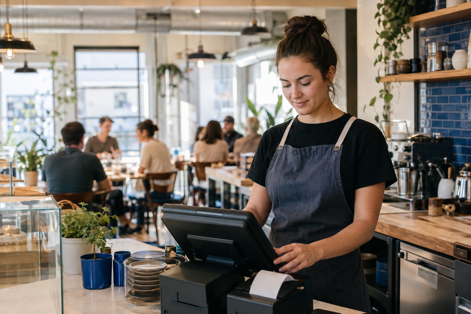 Escena ilustrativa de restaurante con terminal de venta e impresora de recibos